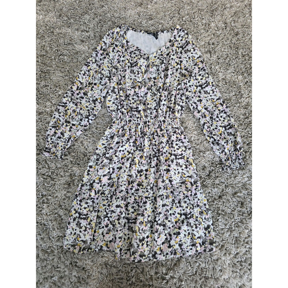 Theory Women's Printed Silk Long Sleeves Mini Dress Beige Size P / XS